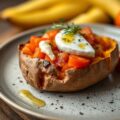 Gepofte zoete aardappel met een slaatje