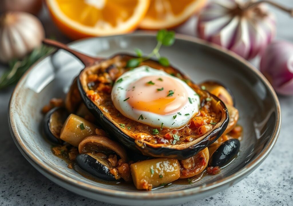 Gerecht van aubergine met ei uit Perzie. (Kuku Bademjan), AI-gegenereerde illustratie