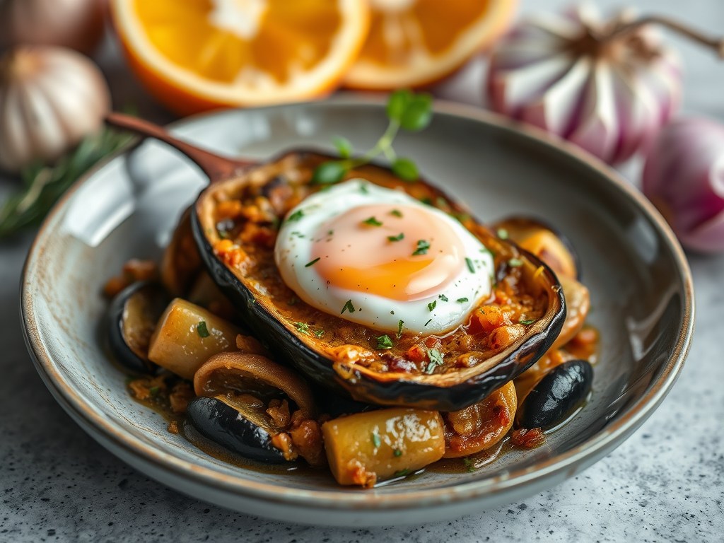 Gerecht van aubergine met ei uit Perzie. (Kuku Bademjan), AI-gegenereerde illustratie