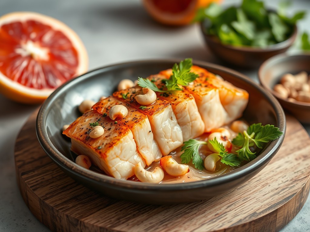 Gerookt zalmhaasje met cashewnoten en soja, AI-gegenereerde illustratie