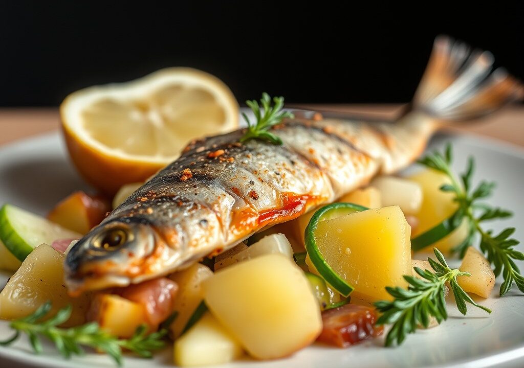 Gerookte makreel – Chavroux met citroen – aardappel – appel- komkommersalade — AI-gegenereerde illustratie
