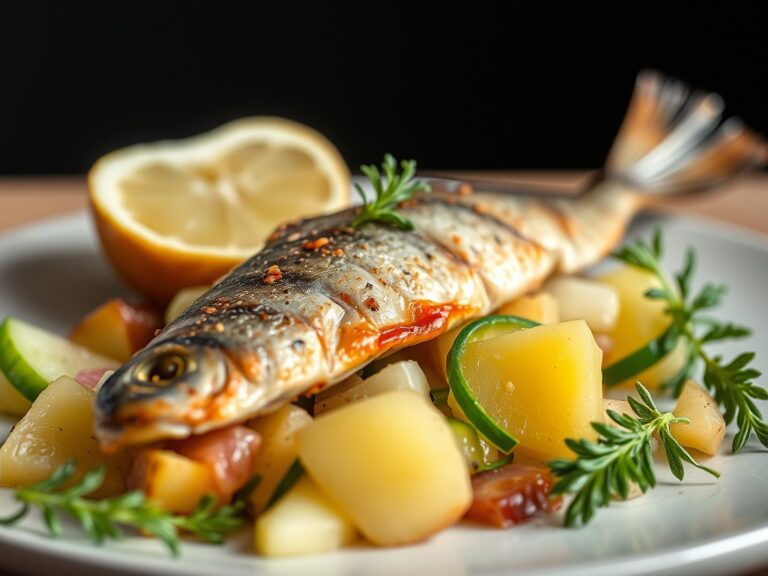 Gerookte makreel – Chavroux met citroen – aardappel – appel- komkommersalade — AI-gegenereerde illustratie