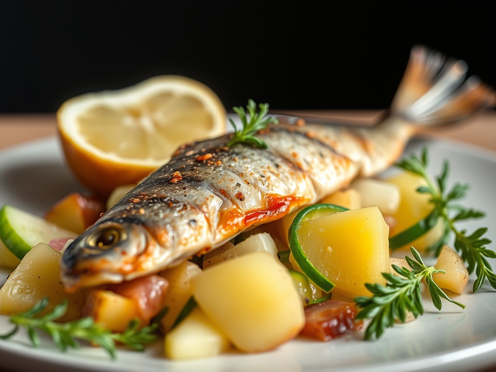 Gerookte makreel – Chavroux met citroen – aardappel – appel- komkommersalade, AI-gegenereerde illustratie