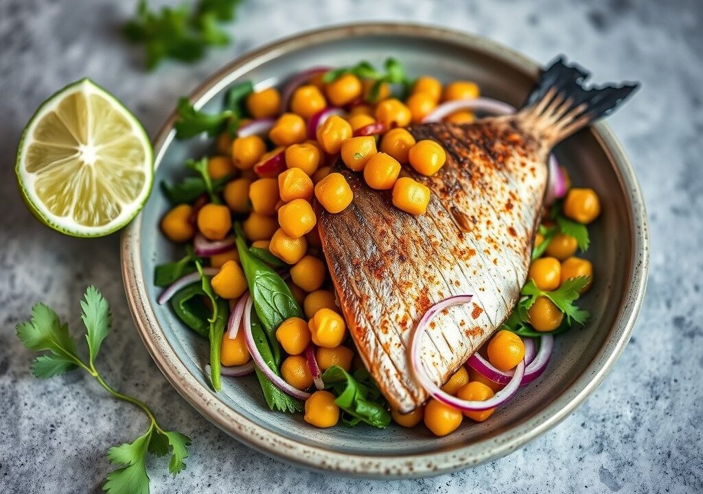 Gerookte makreel met kikkererwten salade — AI-gegenereerde illustratie