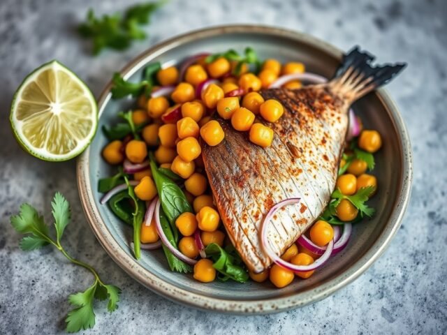 Gerookte makreel met kikkererwten salade — AI-gegenereerde illustratie