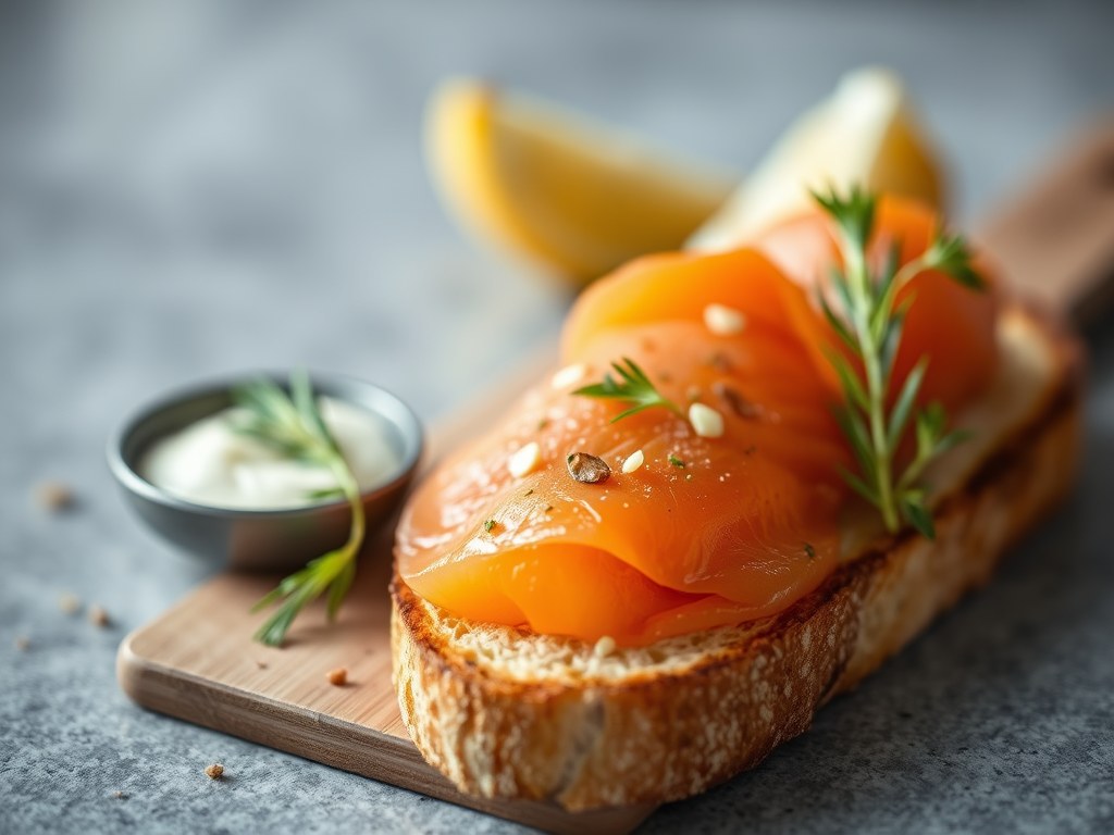 Gerookte Zalm op Toast (op een iets andere wijze), AI-gegenereerde illustratie