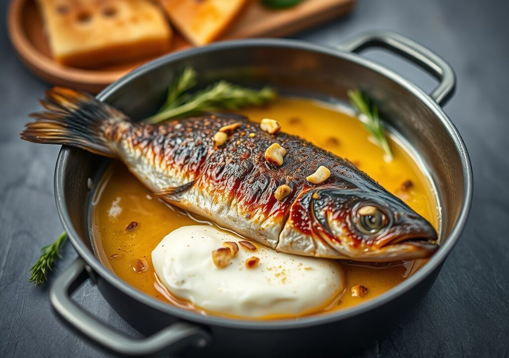Geroosterde forel in een spekjasje — AI-gegenereerde illustratie