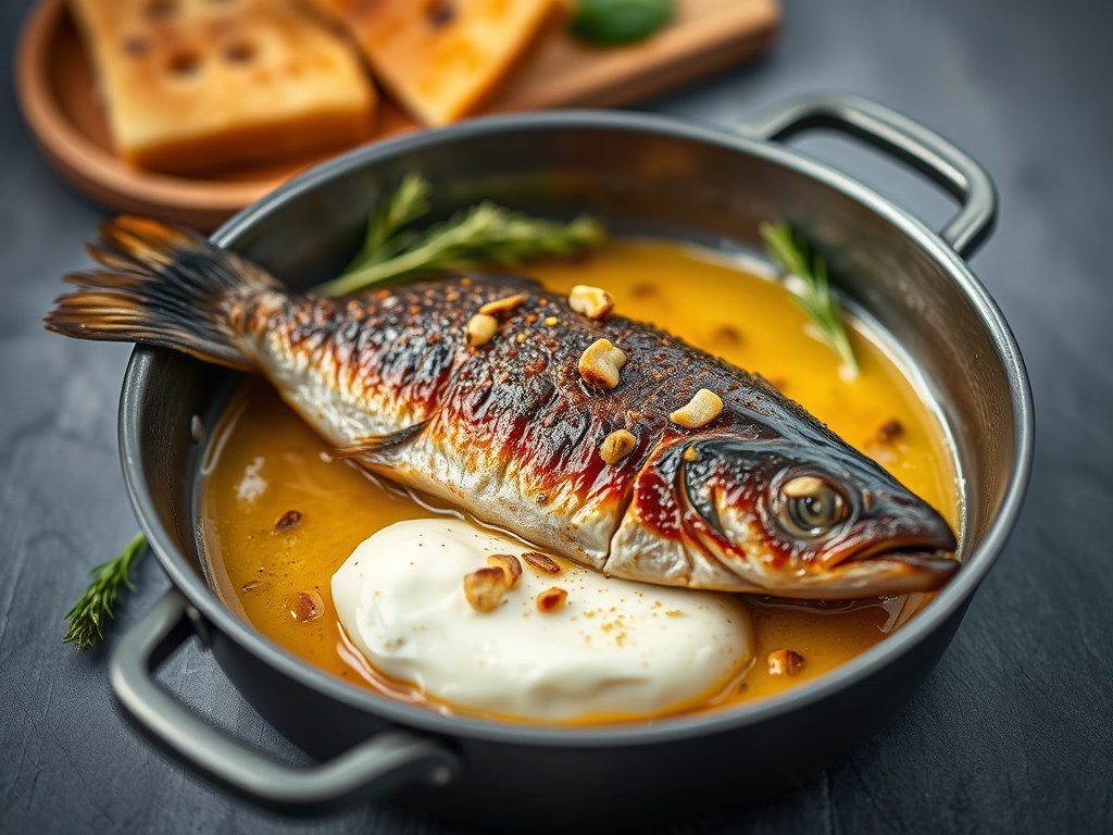 Geroosterde forel in een spekjasje, AI-gegenereerde illustratie