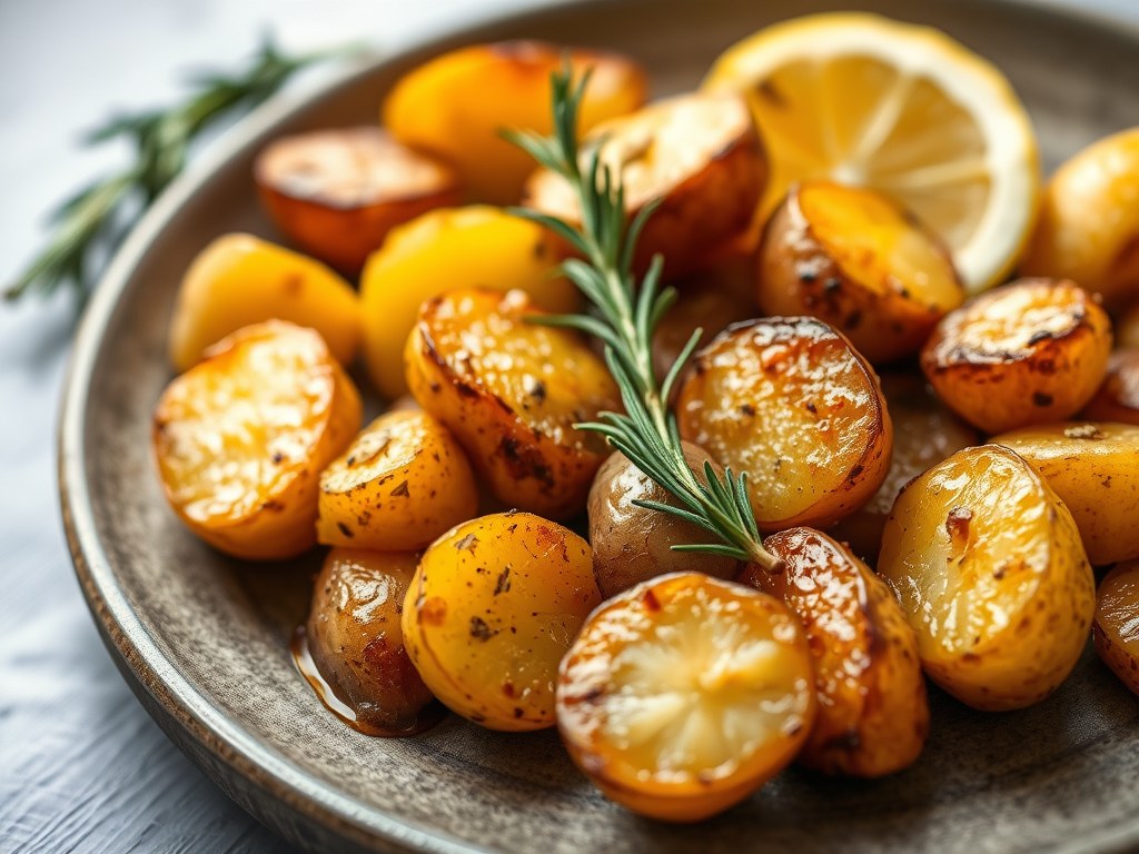 Geroosterde honing en rozemarijn aardappeltjes, AI-gegenereerde illustratie