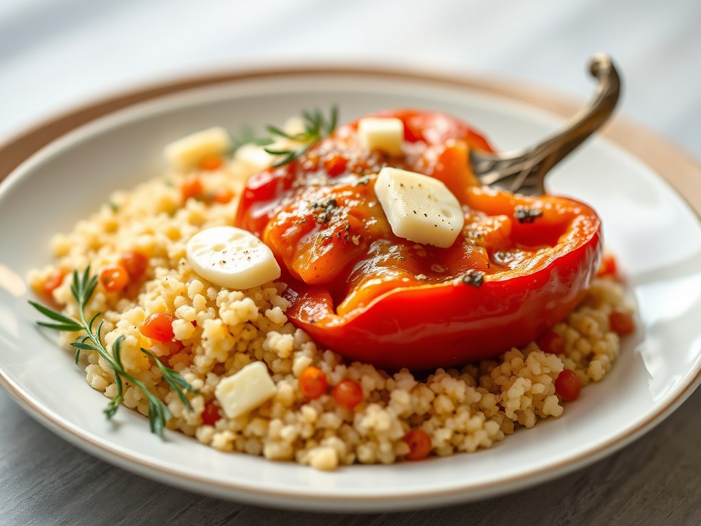 Geroosterde Paprika met Couscous en Kaas, AI-gegenereerde illustratie