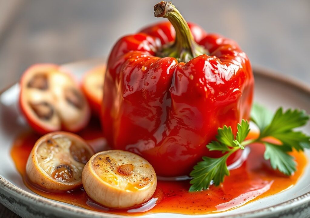 Geroosterde Rode Paprika met Dressing — AI-gegenereerde illustratie