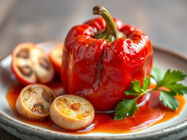 Geroosterde Rode Paprika met Dressing — AI-gegenereerde illustratie