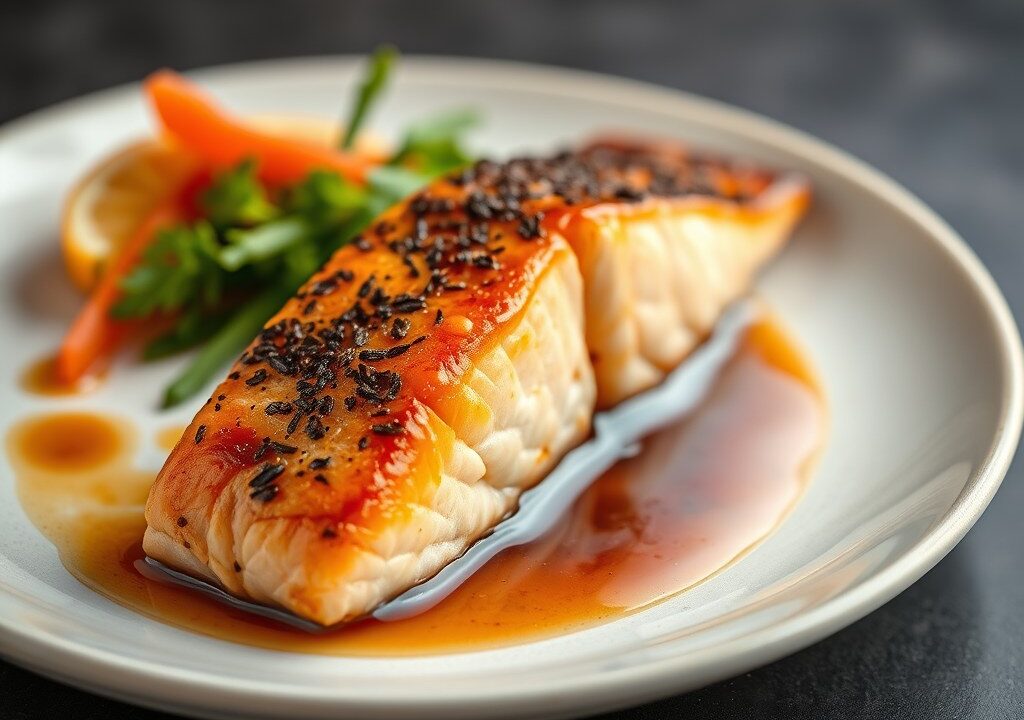 Geroosterde Zalm met een Saus op Teriyaki Basis, AI-gegenereerde illustratie