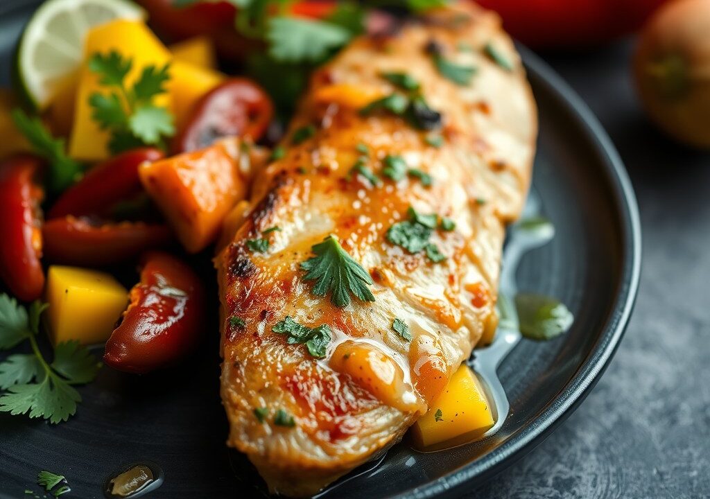 Geroosterde zalmfilet met een marinade van Solo, chili en mango — AI-gegenereerde illustratie