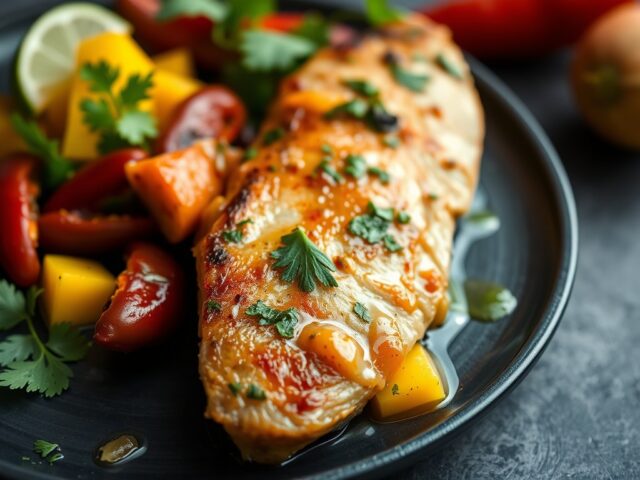 Geroosterde zalmfilet met een marinade van Solo, chili en mango — AI-gegenereerde illustratie