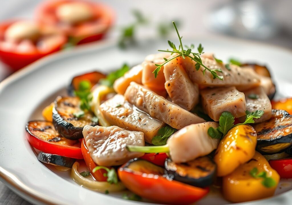 Gerstsalade met tonijn en gegrilde groenten, AI-gegenereerde illustratie
