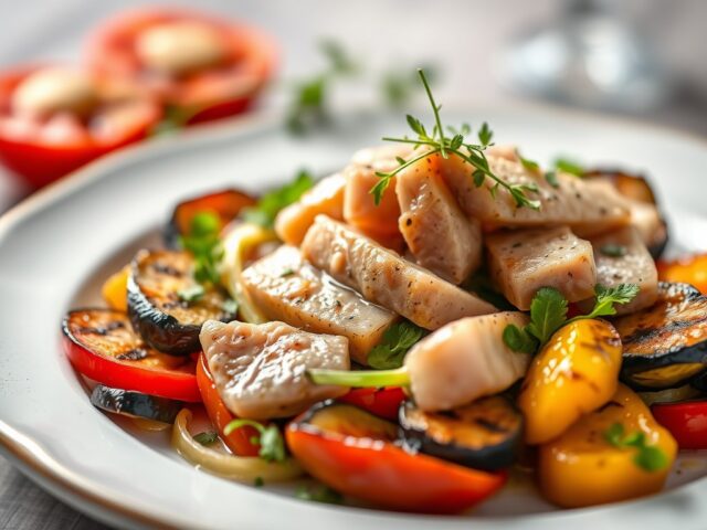Gerstsalade met tonijn en gegrilde groenten — AI-gegenereerde illustratie