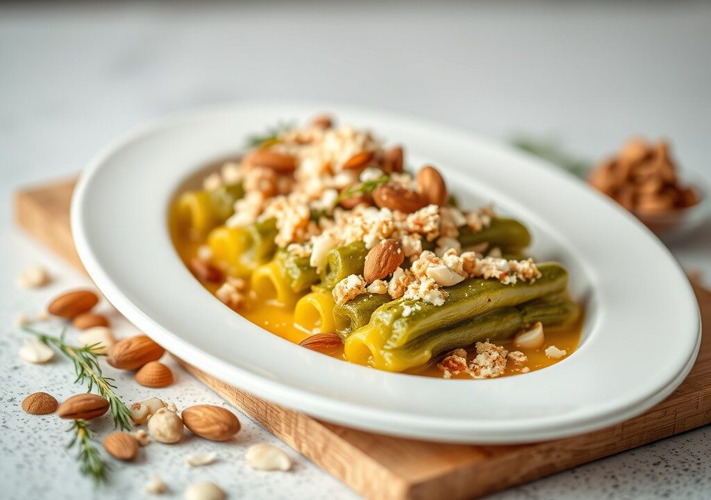 Gesmoorde asperges met snoekbaars en crumble van amandelen — AI-gegenereerde illustratie