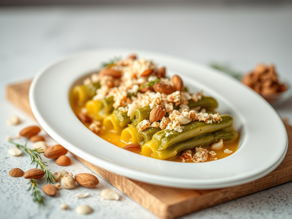 Gesmoorde asperges met snoekbaars en crumble van amandelen, AI-gegenereerde illustratie