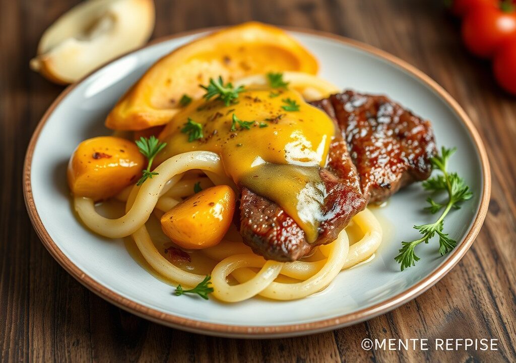 Gestoofd witloof met krielaardappeltjes en steak, AI-gegenereerde illustratie