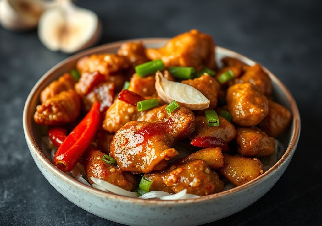 Gestoofde krachtige knoflookkip, spicy!!!, AI-gegenereerde illustratie