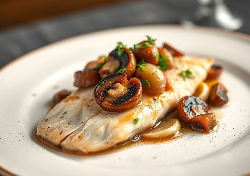 Gestoofde tilapia met gesauteerde champignons — AI-gegenereerde illustratie