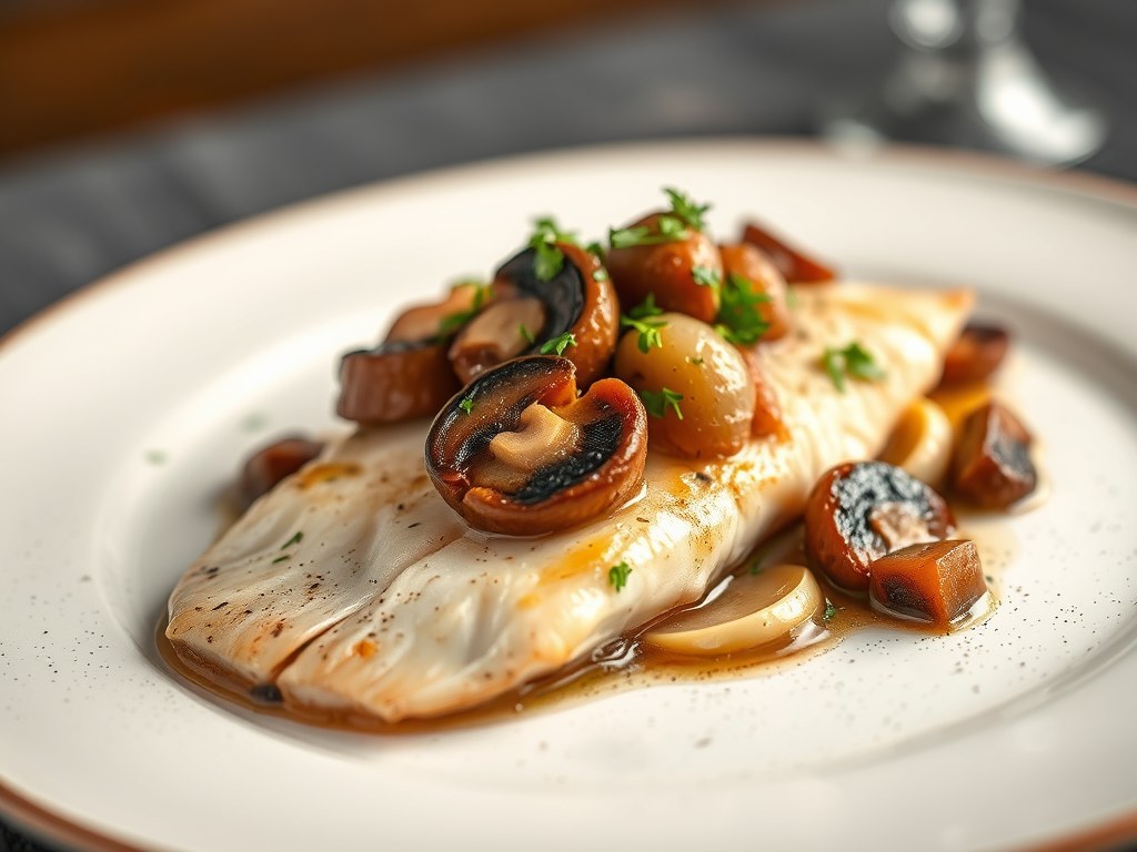 Gestoofde tilapia met gesauteerde champignons, AI-gegenereerde illustratie