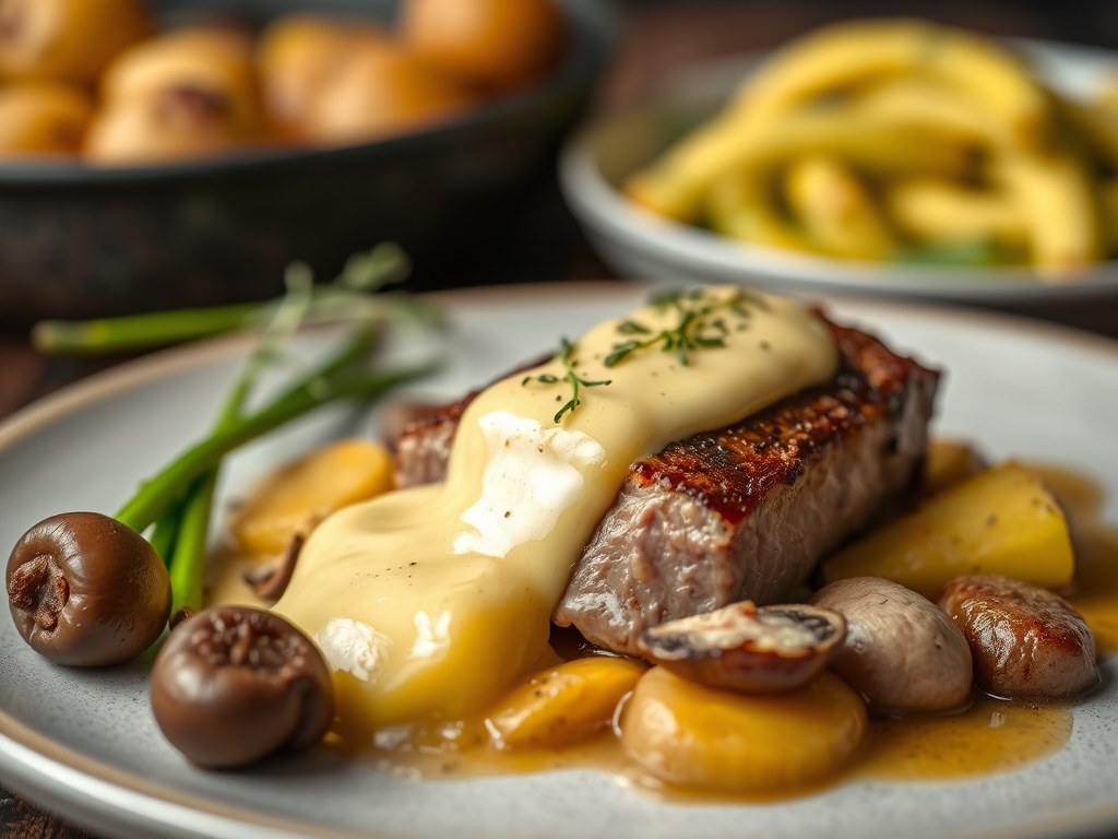 Gestoomde Groenlandse heilbot met mousselinesaus en champignonstoverij, AI-gegenereerde illustratie