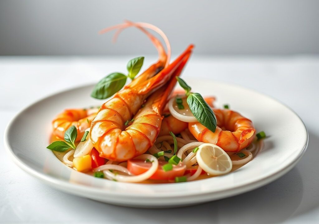 Gestoomde langoustine met radijs, plattekaas en basilicum — AI-gegenereerde illustratie