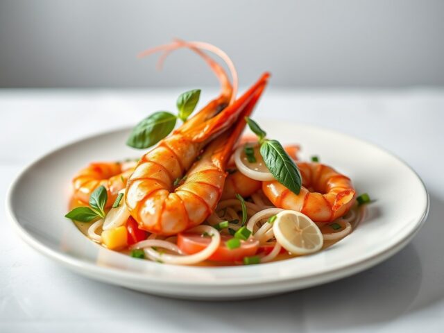 Gestoomde langoustine met radijs, plattekaas en basilicum — AI-gegenereerde illustratie