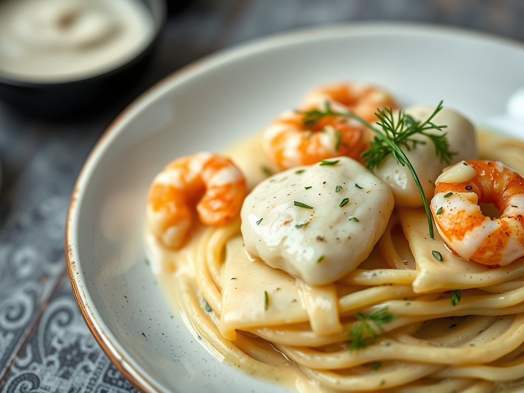 Gestoomde pladijsfilets met snijbiet en garnalensaus met jenever, AI-gegenereerde illustratie