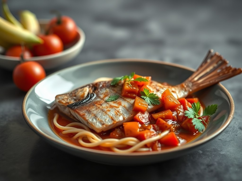 Gestoomde Snapper met Tomaten Saus, AI-gegenereerde illustratie