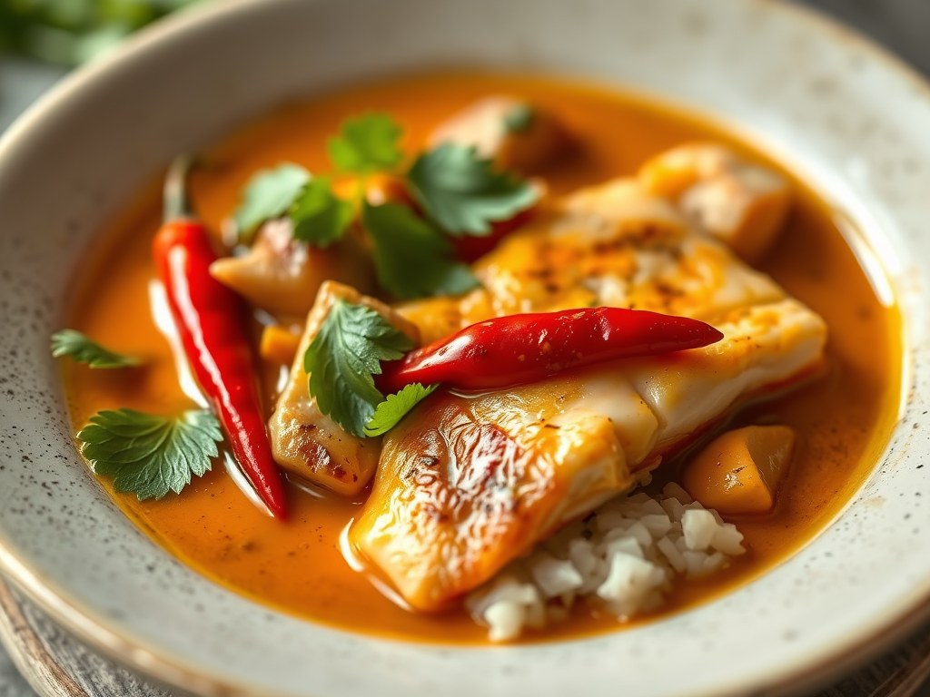 Gestoomde Thaise viscurry, AI-gegenereerde illustratie