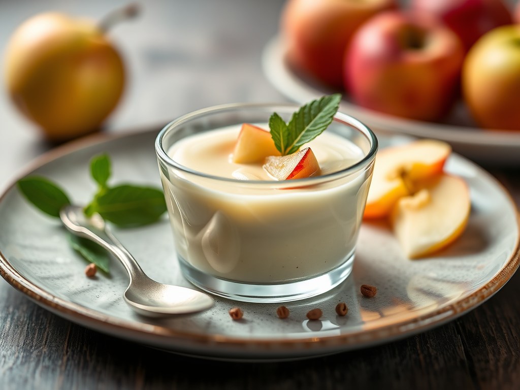 Gevanilleerde panna cotta met gekarameliseerde appeltjes, AI-gegenereerde illustratie