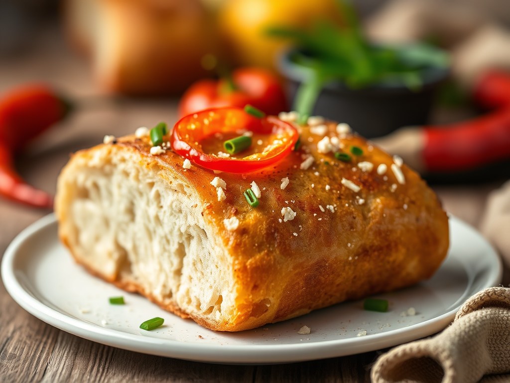 Gevuld brood met boursin, paprika en bieslook, AI-gegenereerde illustratie