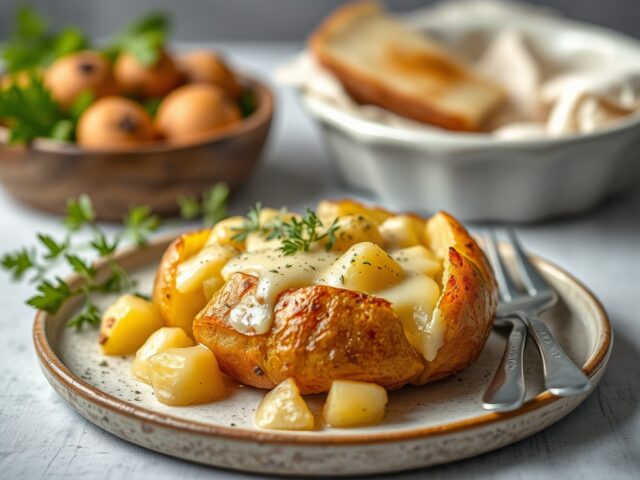 Gevulde aardappel met kaas — AI-gegenereerde illustratie
