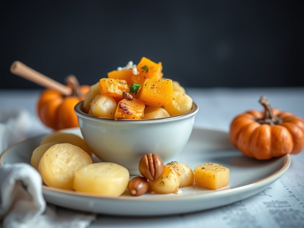 Gevulde aardappelen met pompoen en hazelnoten, AI-gegenereerde illustratie