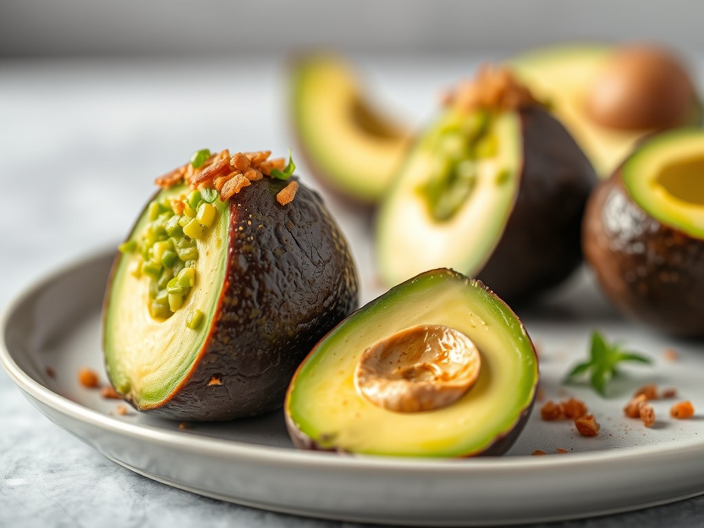 Gevulde avocado’s met reuzengarnalen, AI-gegenereerde illustratie