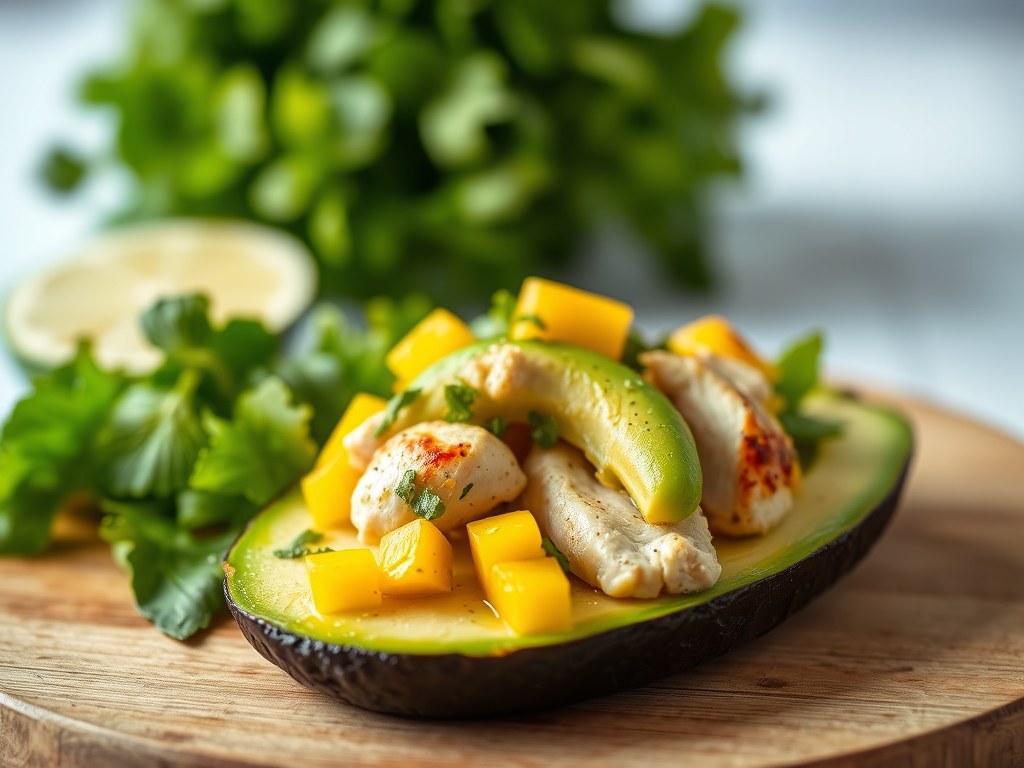 Gevulde avocado met kip & mango, AI-gegenereerde illustratie