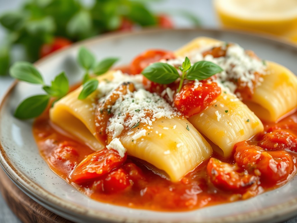 Gevulde Canelloni met Bechamelsaus en Tomatensaus, AI-gegenereerde illustratie