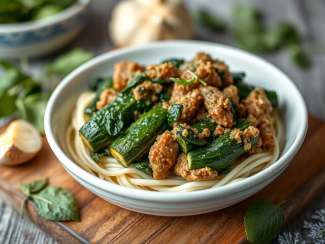 Gevulde courgette met gehakt en spinazie — AI-gegenereerde illustratie