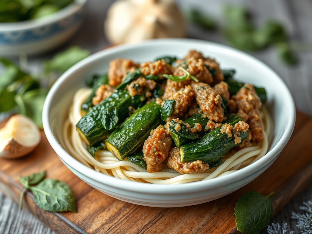 Gevulde courgette met gehakt en spinazie, AI-gegenereerde illustratie
