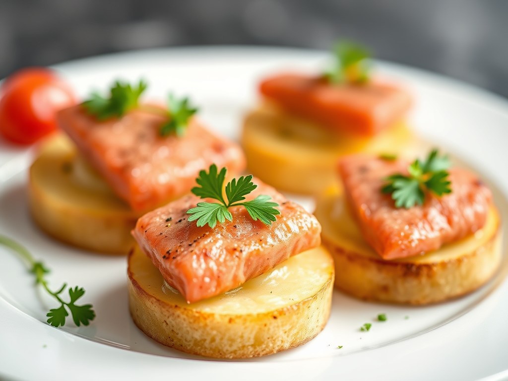 Gevulde en gebraden eendenfilet, wortelmousse, blini’s van aardappel, AI-gegenereerde illustratie