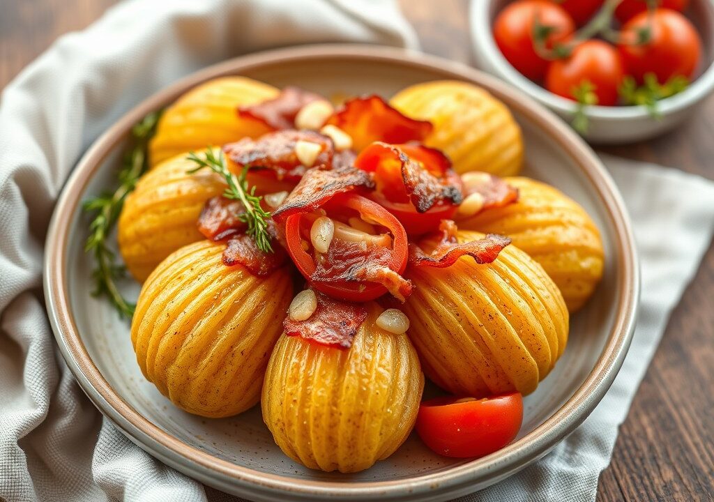 Gevulde Hasselback aardappelen, AI-gegenereerde illustratie