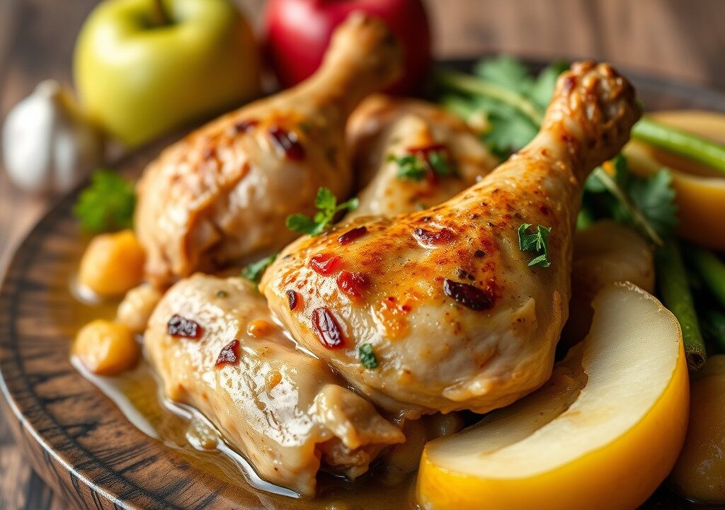 Gevulde kip met appeltjes en sjalot — AI-gegenereerde illustratie