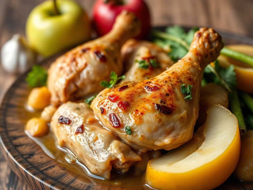 Gevulde kip met appeltjes en sjalot, AI-gegenereerde illustratie