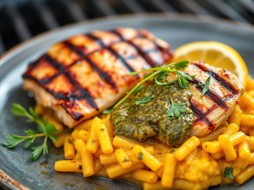 Gevulde kip met plattekaas en pesto van gegrilde paprikapuree, AI-gegenereerde illustratie