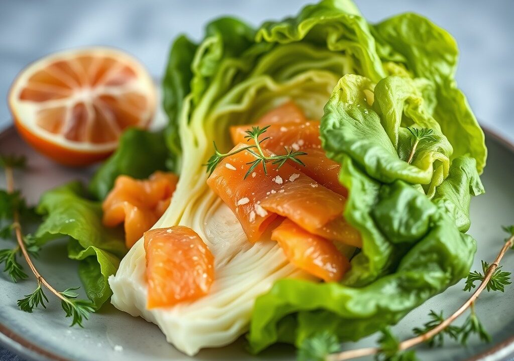 Gevulde kool met zalm, AI-gegenereerde illustratie