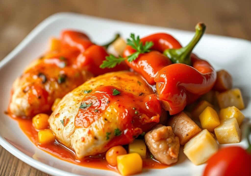 Gevulde paprika met aardappel, AI-gegenereerde illustratie