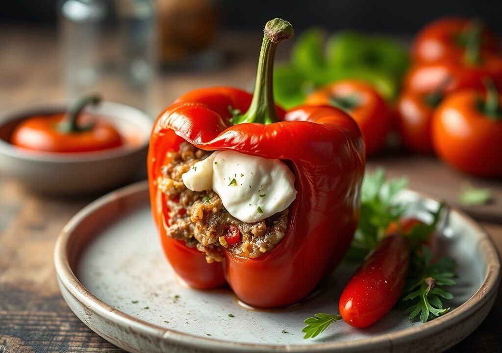 Gevulde paprika met gehakt, geitenkaas en tros tomaatjes — AI-gegenereerde illustratie